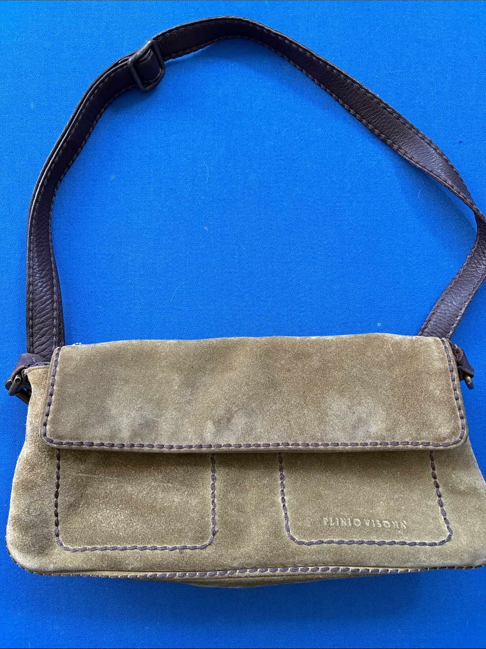 Plinio Visona Olive Suede Shoulder Bag with Dark Brown Strap
Italy